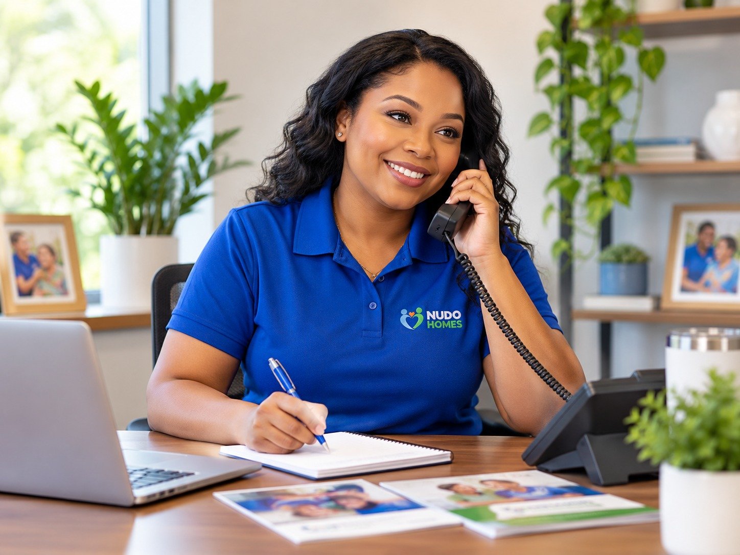 NUDO Homes representative speaking with a caller while taking notes at her desk.
