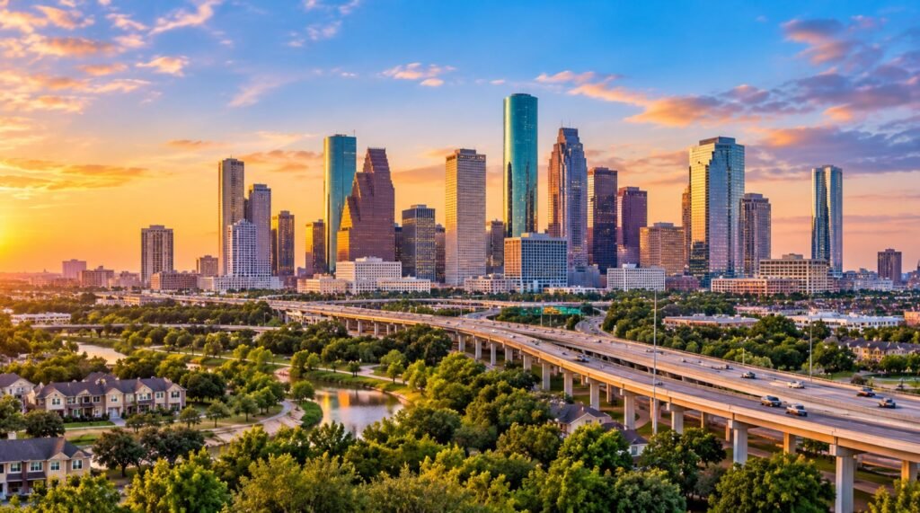 Downtown Houston skyline and surrounding neighborhoods representing the Greater Houston service area.